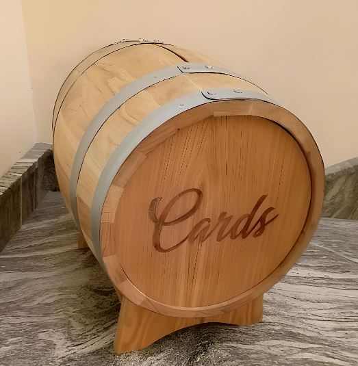 Small wooden barrel for wedding gift cards for hire in Malta